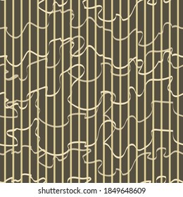 Festive Abstract Striped olive colored vector seamless pattern. Vertical stripes and Curly ribbons on green background. Elegance template for design, wallpaper, textile, ceramics.