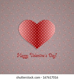 festive abstract valentine's day background with retro leaves pattern and polka dots heart, for invitation or greeting card. Vector, EPS 10 