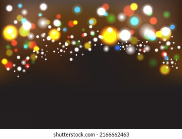 Festive abstract vector background with colorful lights bokeh on dark brown background. Christmas concept for holiday poster, banner.
