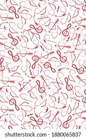 Festive, abstract, vertical background for Valentine's Day. Hearts notes on a white background. The outline is red. Design element. Vector illustration.
