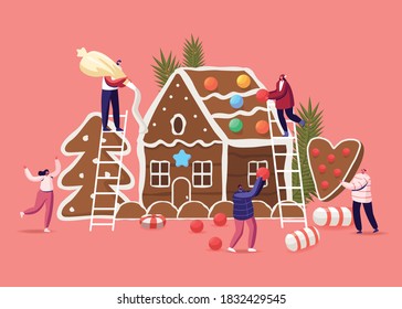 Festive Activity Preparation for Xmas Holidays Celebration. Tiny Male and Female Characters Decorate Huge Christmas Gingerbread House with Cookies, Cream and Sweets. Cartoon People Vector Illustration