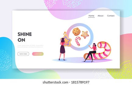 Festive Activity Preparation for Xmas or New Year Holidays Celebration Landing Page Template. Tiny Characters Baking Huge Christmas Bakery Cutting, Cookies of Dough. Cartoon People Vector Illustration