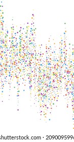 Festive actual confetti. Celebration stars. Rainbow confetti on white background. Glamorous festive overlay template. Vertical vector background.