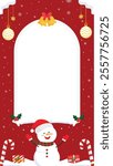 Festive adorable snowman Instagram frame with holiday decorations, Perfect for Christmas Stories. Photo Frame featuring a cheerful snowman, candy canes, gifts and hanging ornaments on red background