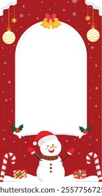 Festive adorable snowman Instagram frame with holiday decorations, Perfect for Christmas Stories. Photo Frame featuring a cheerful snowman, candy canes, gifts and hanging ornaments on red background