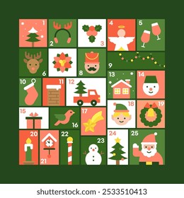 Festive Advent Calendar with Christmas Icons Including Santa, Snowman, Tree, and Gifts Vector Illustration