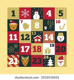 Festive Advent Calendar with Christmas Symbols on a Yellow Background Vector Illustration