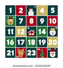 Festive Advent Calendar with Holiday Icons and Numbers, Santa Claus, Snowman, and Christmas Tree Vector Illustration