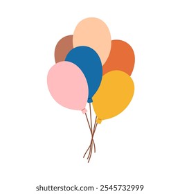 Globos de aire festivos atados con una cuerda. Festiva y decoración de fiesta de cumpleaños. Globos flotantes, decoración de celebración, bolas de plástico de helio. Ilustración vectorial plana aislada sobre fondo blanco