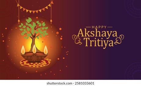 A festive Akshaya Tritiya artwork featuring a sacred tree growing from a diya, symbolizing prosperity, growth, and eternal blessings. 