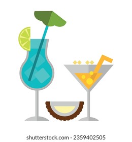 Vector de bebidas alcohólicas festivas. Cócteles con gafas de cristal. Icono de vector plano multicolor que representa el concepto de celebración aislado en fondo blanco