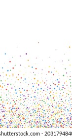 Festive alluring confetti. Celebration stars. Rainbow confetti on white background. Ideal festive overlay template. Vertical vector background.
