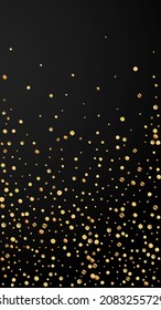 Festive alluring confetti. Celebration stars. Sparse gold confetti on black background. Graceful festive overlay template. Vertical vector background.
