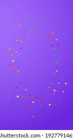 Festive amazing confetti. Celebration stars. Joyous stars on violet background. Fetching festive overlay template. Vertical vector background.