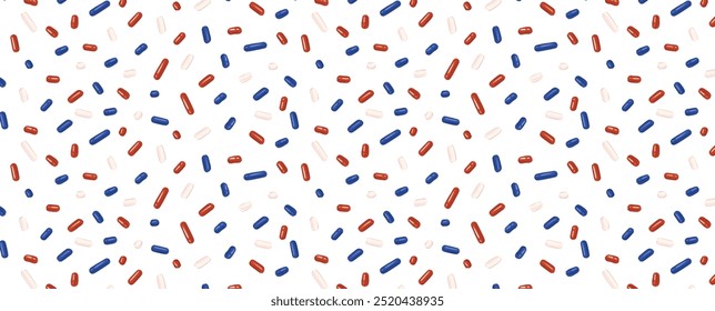 Patrón festivo americano o australiano o inglés sin fisuras con confeti o chispas para donas. Colores de la bandera nacional. Fondo de repetición, Ilustración vectorial para vacaciones, cumpleaños, envoltura de regalo.