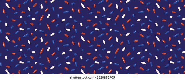 Patrón festivo americano o australiano o inglés sin fisuras con confeti o chispas para donas. Colores de la bandera nacional. Fondo de repetición, Ilustración vectorial para vacaciones, cumpleaños, envoltura de regalo.