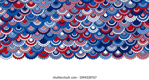 Festive american flag ribbons bunting decoration. Patriotic USA red blue white background. Bright pattern in american colors, 4th July Independence Day ribbons border vector background.