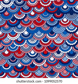 Festive american flag ribbons bunting decoration. Patriotic USA red blue white background. Seamless pattern in american colors, memorial or Independence Day striped decor background. Fabric pattern.