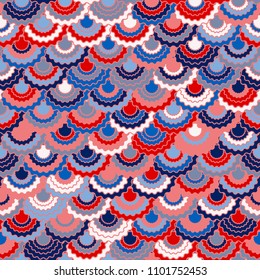 Festive american flag ribbons bunting decoration. Patriotic USA red blue white background. Seamless pattern in american colors, memorial or Independence Day ribbons decor background. Textile pattern.