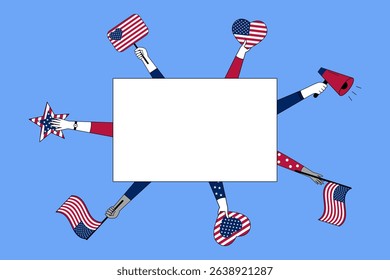 Festive American Independence Day illustration with diverse hands holding US flags, hearts, stars, and a megaphone around a rectangular frame. Patriotic design in red, white, and blue with space for t