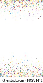 Festive amusing confetti. Celebration stars. Rainbow bright stars on white background. Fine festive overlay template. Vertical vector background.