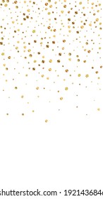 Festive Amusing Confetti. Celebration Stars. Sparse Gold Confetti On White Background. Great Festive Overlay Template. Vertical Vector Background.