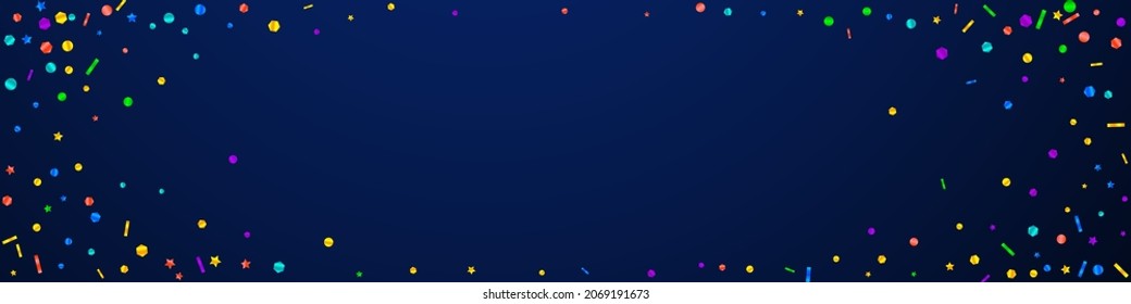 Festive amusing confetti. Celebration stars. Festive confetti on dark blue background. Amazing festive overlay template. Panoramic vector background.