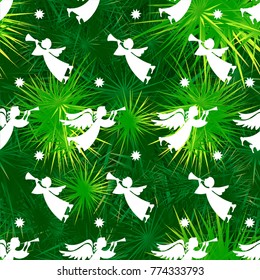Festive angels. Pattern on a background of green fir branches.