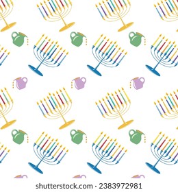 Festive annual Hannukkah seamless pattern with traditional Hannukiya candle stick and oil pitcher.