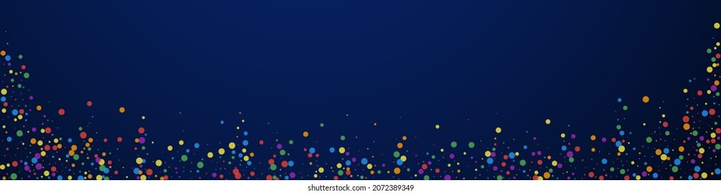 Festive appealing confetti. Celebration stars. Colorful confetti on dark blue background. Adorable festive overlay template. Panoramic vector background.