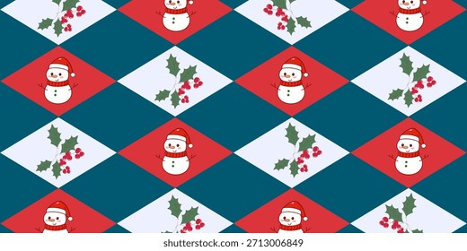 Festive argyle style Christmas pattern featuring cute snowmen and holly on red, teal, and white diamond shapes. Playful, bright, and perfect for holiday designs.