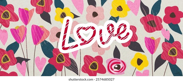 Festive art background with a pattern of flowers, hearts and the inscription Love in a modern style. Floral banner for Valentine's Day for the design of templates, cards, greetings, poster, cover, web