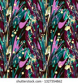Festive art vector seamless pattern. Abstract palm leaves and gold beads on black background. Template for design, textile, wallpaper, wrapping, cover page, web site, card, carton, print, banner.