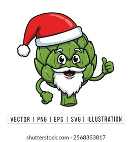 Festive Artichoke Cartoon Character in Santa Hat - Christmas Vector Illustration