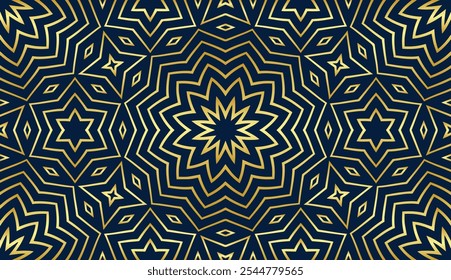 Festive artistic blue background, tribal design cover, banner. Geometric gold 3D pattern, embossing. Vintage ornaments, arabesques, mandala of the East, Asia, India, Mexico, Aztec, Peru. Ethnic print.