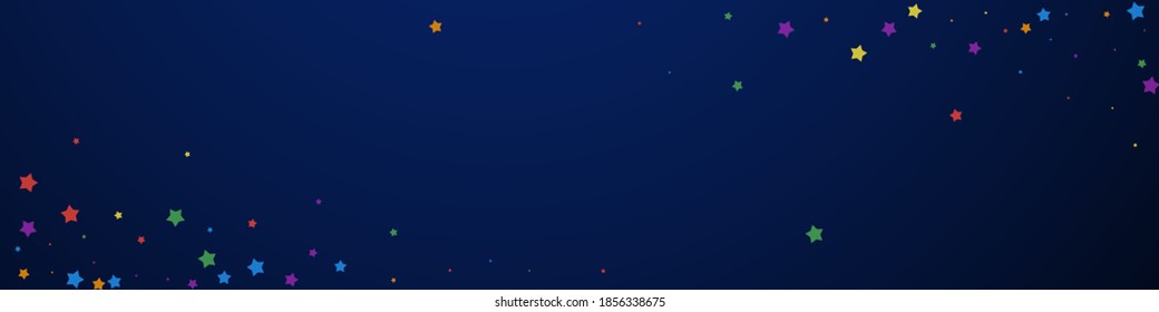 Festive artistic confetti. Celebration stars. Joyous stars on dark blue background. Admirable festive overlay template. Panoramic vector background.