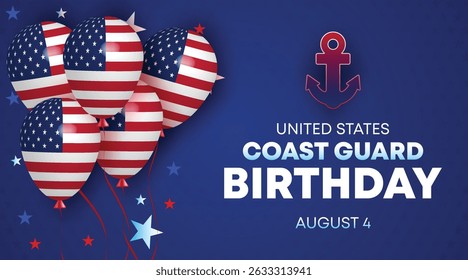 Festive artwork for Coast Guard Birthday featuring patriotic balloons, star shapes, and heart flags. A cheerful salute to August 4th celebrations.