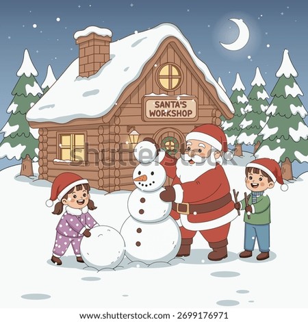 Festive artwork showing Santa and two children a boy and a girl making a snowman together outside Santas workshop ideal for Christmas cards and seasonal creative content