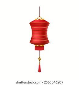 Festive Asian paper lantern with golden ornament realistic vector illustration. New Year holiday atmosphere with oriental lamp 3d object on white