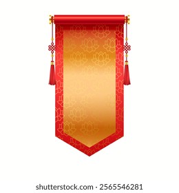 Festive Asian pennant with golden frame and lotuses realistic vector illustration. Ancient Chinese scroll for New Year 3d object on white