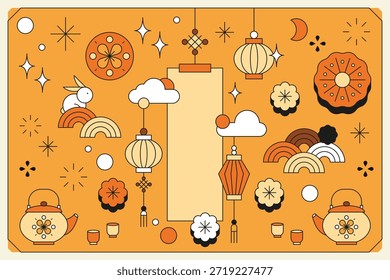 Diseño festivo de inspiración asiática con faroles, nubes y un conejo Los faroles y las nubes crean una atmósfera armoniosa y festiva. Tema festivo asiático con Vector de recursos de diseño de fondo de faroles.