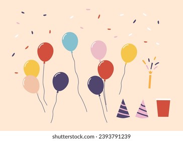 Festive Assortment Of Celebration Items, Including Colorful Balloons, Confetti, Party Hats, And Flapper, Vector Set