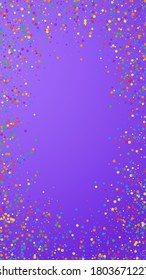 Festive astonishing confetti. Celebration stars. Rainbow confetti on violet background. Favorable festive overlay template. Vertical vector background.