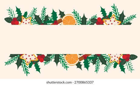 Modelo de banner horizontal atmosférico festivo. Borda de ramos de abeto, visco, azevinho, folhagem e bagas. Fundo sazonal rústico aconchegante com espaço de cópia, gráficos vetoriais