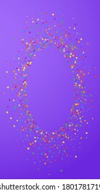 Festive authentic confetti. Celebration stars. Rainbow confetti on violet background. Fetching festive overlay template. Vertical vector background.