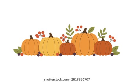Festive autumn border composition featuring a variety of colorful pumpkins, leaves, and red berry branches.