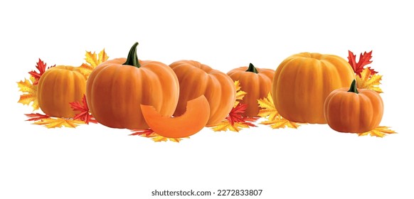 Festive autumn decor for halloween or thanksgiving day holidays realistic composition with pumpkins and colorful leaves vector illustration