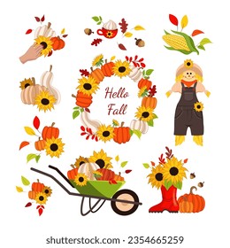 Festive autumn decoration items vector illustrations set. Colorful wreath from flowers and pumpkins, cute scarecrow, cornstalks, wheelbarrow with vegetables. Autumn, harvest concept