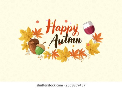 A festive autumn design with leaves, acorns, and a glass of wine