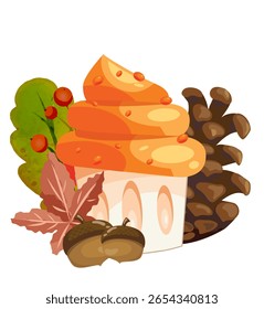 A sobremesa festiva de outono é coberta com chantilly amarelo-alaranjado, rodeada por pineconas, bolotas, bagas vermelhas e folhas coloridas da queda - ideal para decoração sazonal acolhedora e impressões de sublimação mais vendidas.